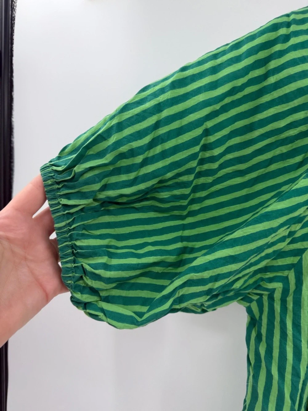 Printfresh Women's V-neck 100% Organic Cotton Puff Sleeve Top - Green Stripes M - Picture 4 of 6